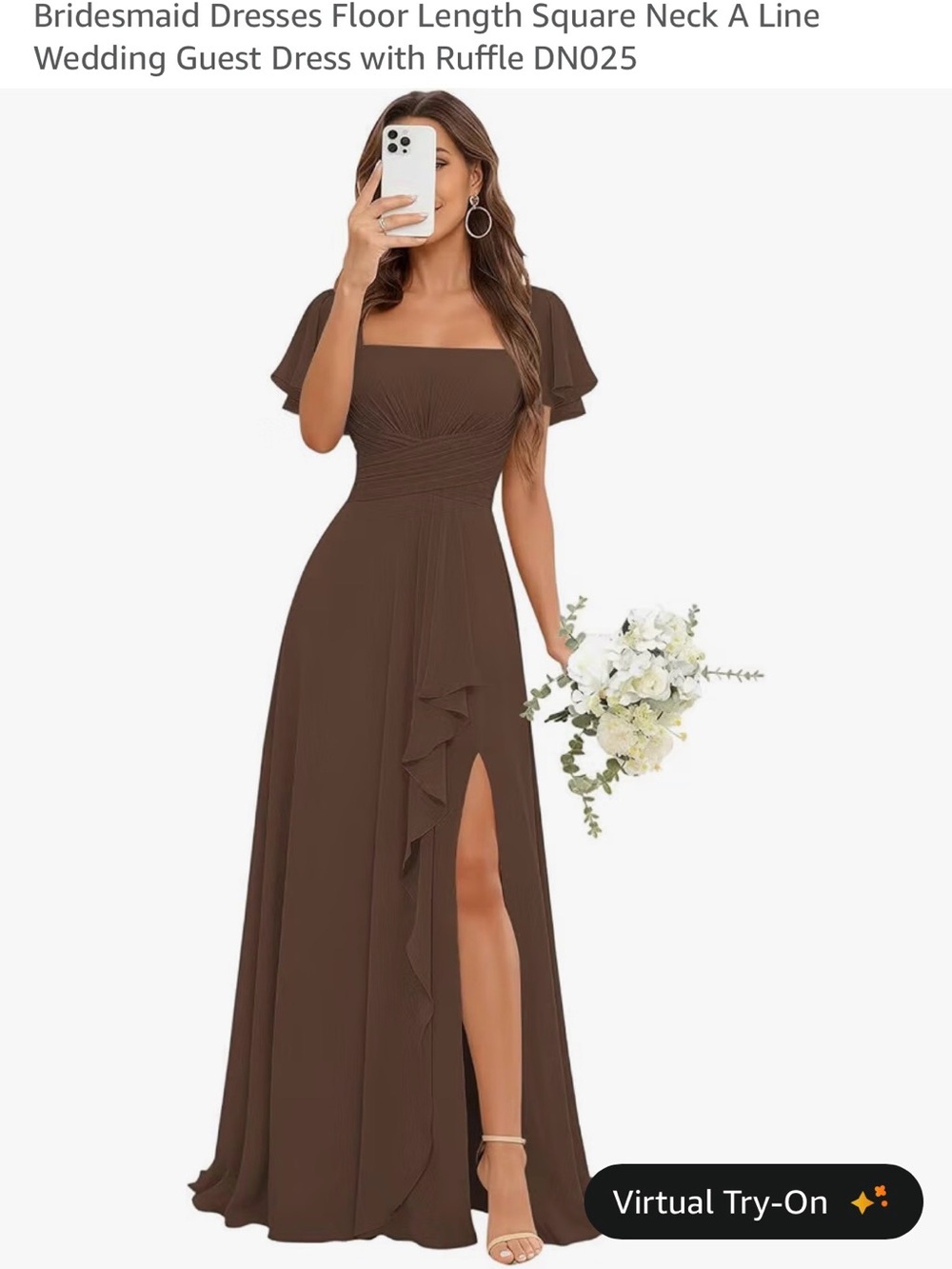 Square Neck A-Line Ruffle Bridesmaid Dress in Brown